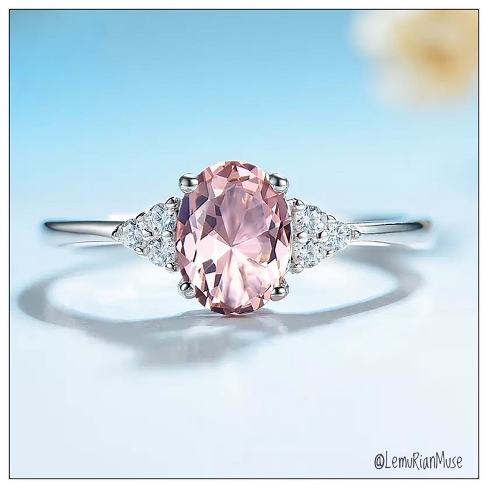 SOLID Sterling Silver Oval Faceted Morganite Ring - Picture 4 of 6